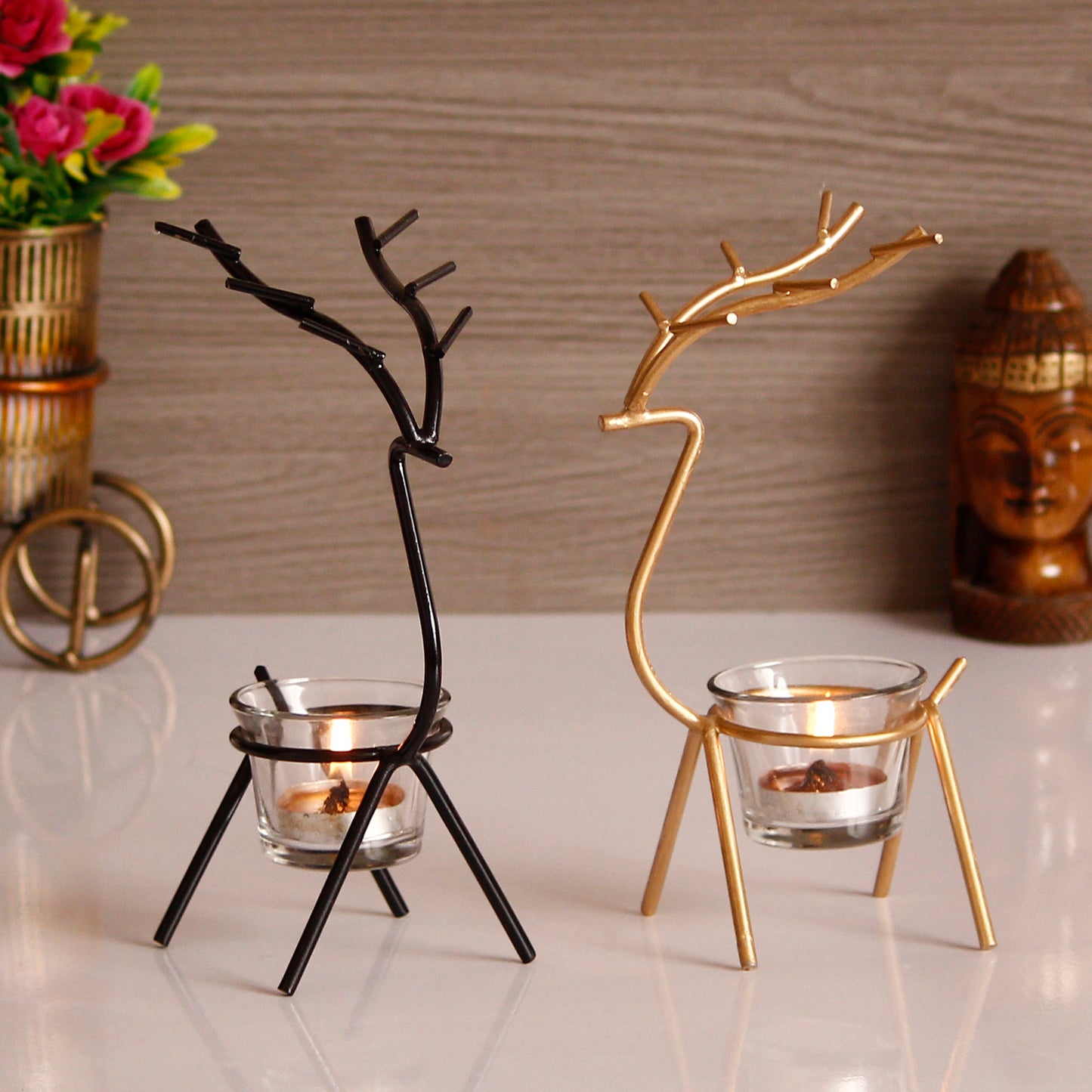 Handcrafted Deer Shape Metal Tea Light Holder Set by eCraftIndia
